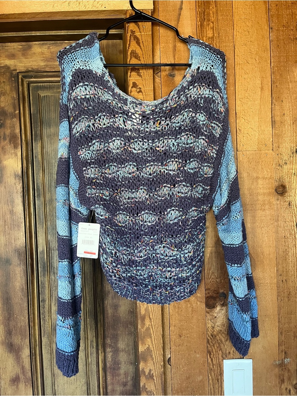 Free People Blue and Gray Open-Knit Scoop Neck Sweater